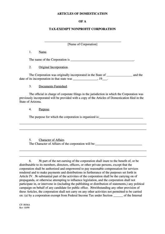 Form Cf: 0036a - Articles Of Domestication Of A Tax-Exempt Nonprofit Corporation - Printable pdf