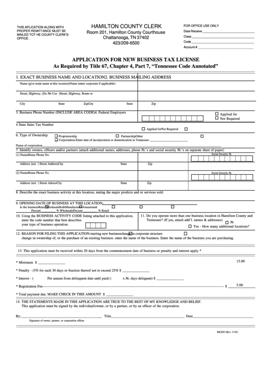 Form Bk209 - Application For New Business Tax License - Hamilton County Clerk Printable pdf