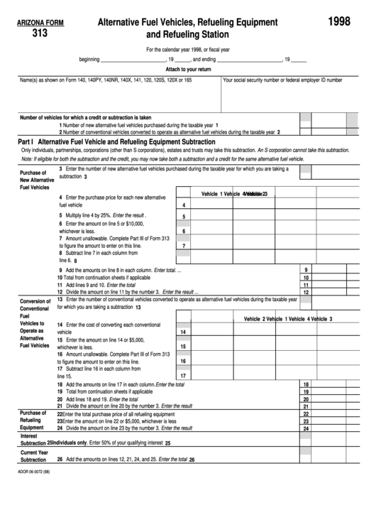 Fillable Form 313 - Alternative Fuel Vehicles, Refueling Equipment And Refueling Station - 1998 Printable pdf