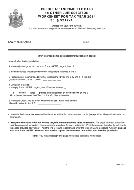 Credit For Income Tax Paid To Other Jurisdiction Worksheet For Tax Year - 2014 Printable pdf