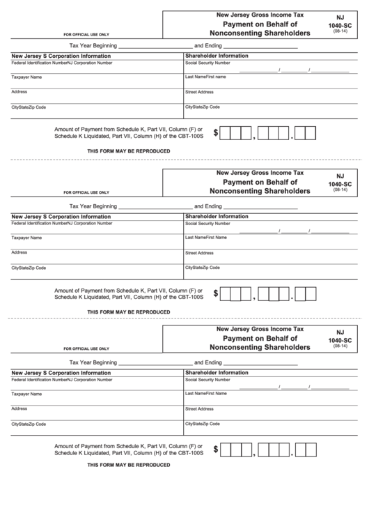 Form Nj 1040-Sc - Payment On Behalf Of Nonconsenting Shareholders - 2014 Printable pdf