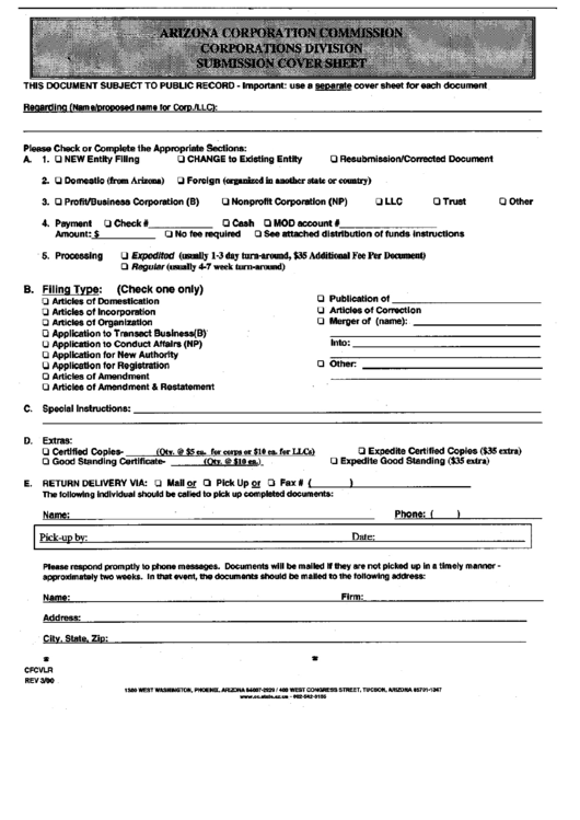 Form Cfcvlr - Submission Cover Sheet - Arizona Corporation Comission Printable pdf