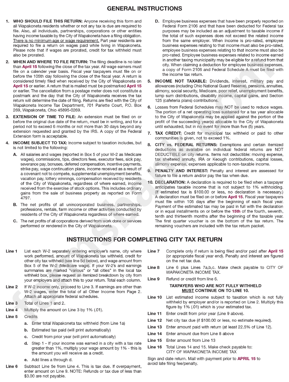 Instructions For City Of Wapakoneta 2014 Income Tax Return - Ohio