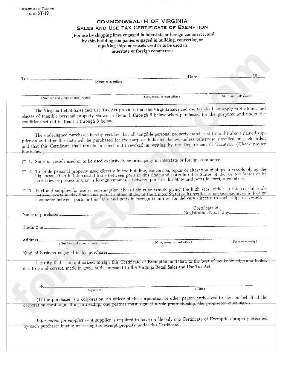Form St-19 - Virginia Sales And Use Tax Certificate Of Exeption
