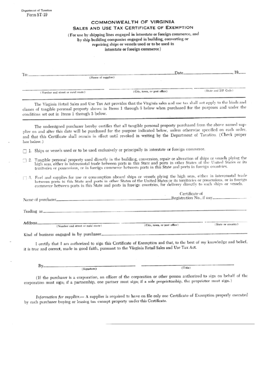 Form St-19 - Virginia Sales And Use Tax Certificate Of Exeption Printable pdf