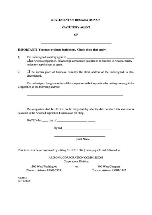 Form Ar: 0011 - Statement Of Resignation Of Statutory Agent Printable pdf