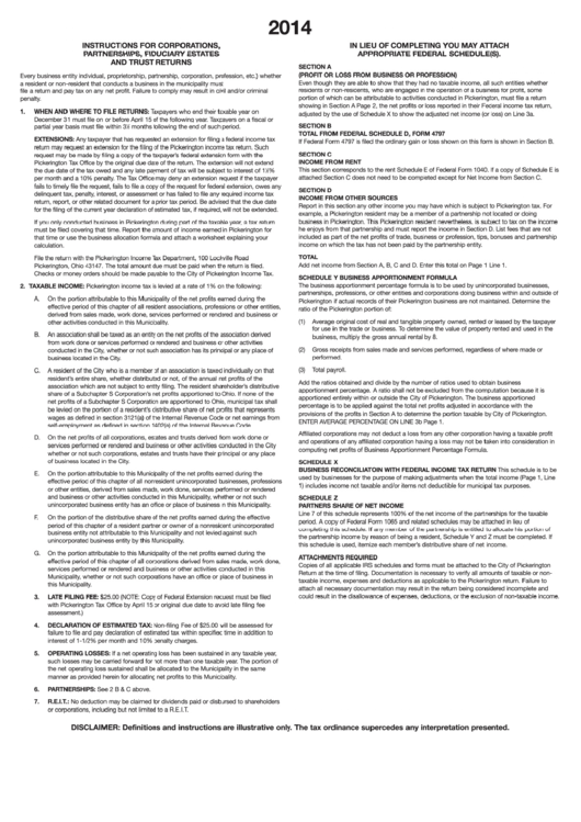 Instruction For Corporations, Partnerships, Fiduciary Estates And Trust Returns - City Of Pickerindton - 2014 Printable pdf