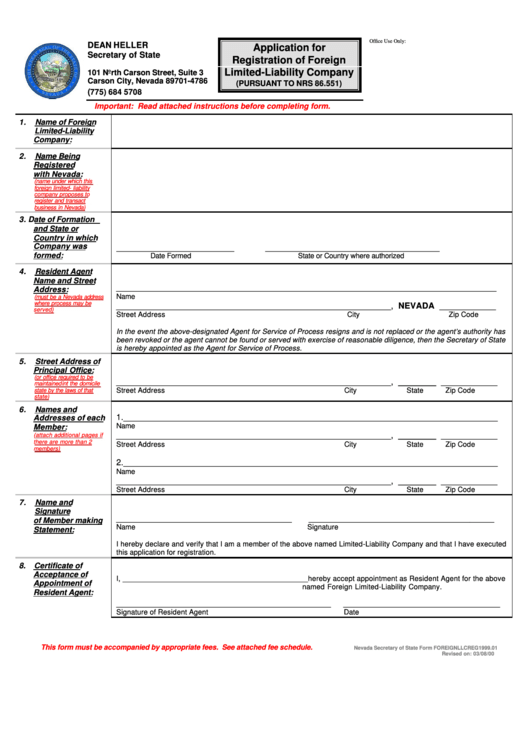 Form Foreignllcreg1999.01 - Application For Registration Of Foreign Limited-Liability Company Printable pdf