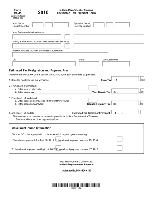 Fillable Form Es-40 - Estimated Tax Payment Form - 2016 Printable pdf