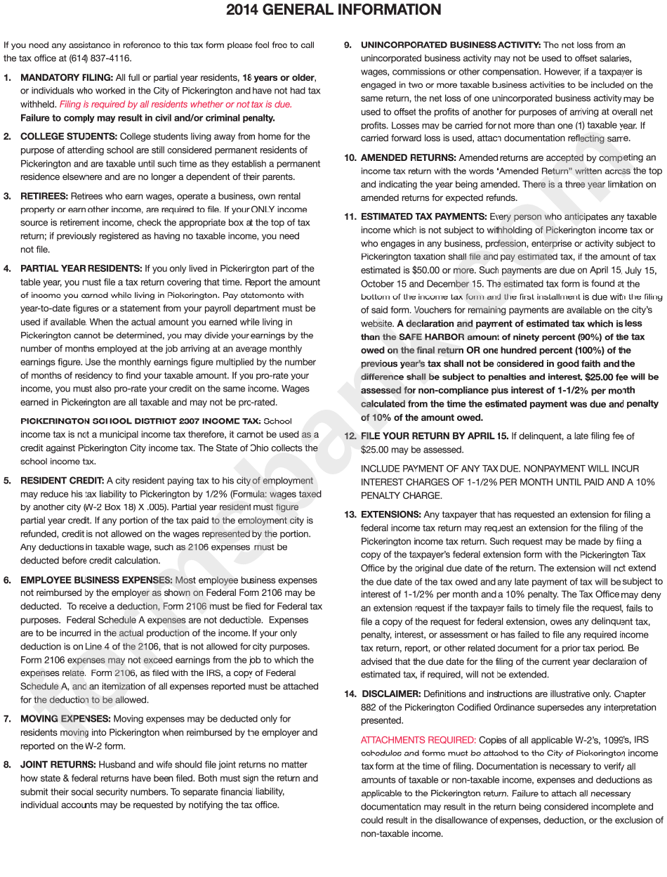 Instructions For Preparing City Of Pickerington 2014 Income Tax Return - Ohio