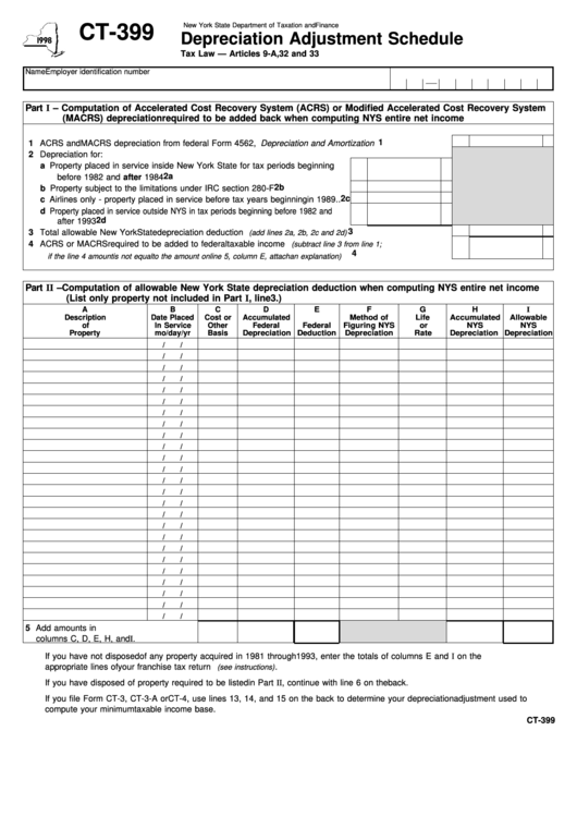 Fillable Form Ct-399 - Depreciation Adjustment Schedule - 1998 Printable pdf