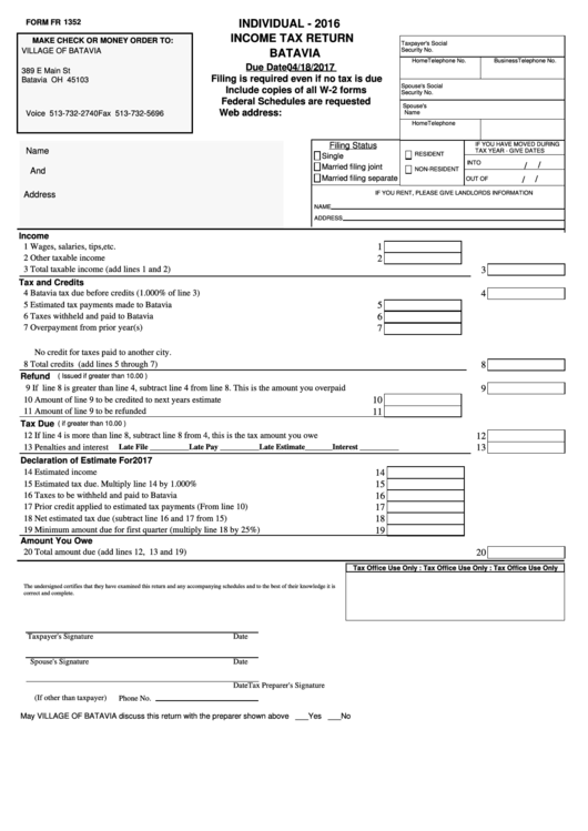 Form Fr 1352 - Individual Income Tax Return Batavia - 2016 Printable pdf