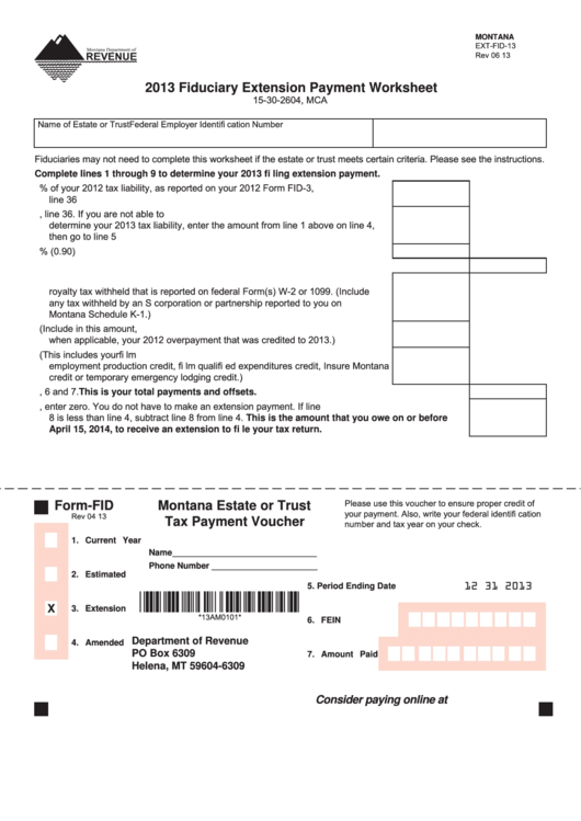 Form Fid With Instructions - Fiduciary Extension Payment Worksheet - 2013 Printable pdf