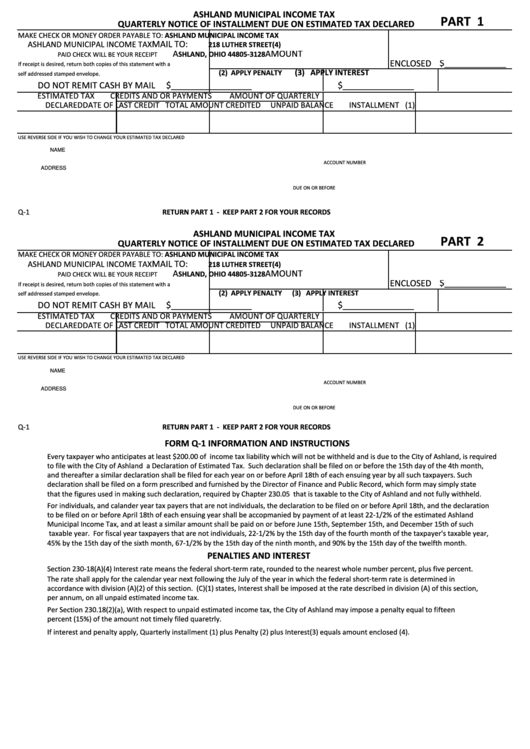 Fillable Form Q-1 - Ashland Municipal Income Tax Quarterly Notice Of Installment Due On Estimated Tax Declared Printable pdf