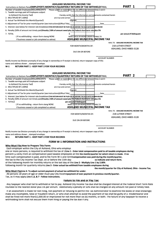 Form W-1 - Ashland Municipal Income Tax Employer