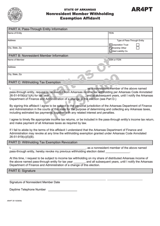 Form Ar4pt Draft - Nonresident Member Withholding Exemption Affidavit - Arkansas 2009 Printable pdf
