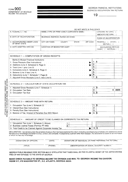 Form 900 - Georgia Financial Institutuions Business Occupation Tax Return Printable pdf