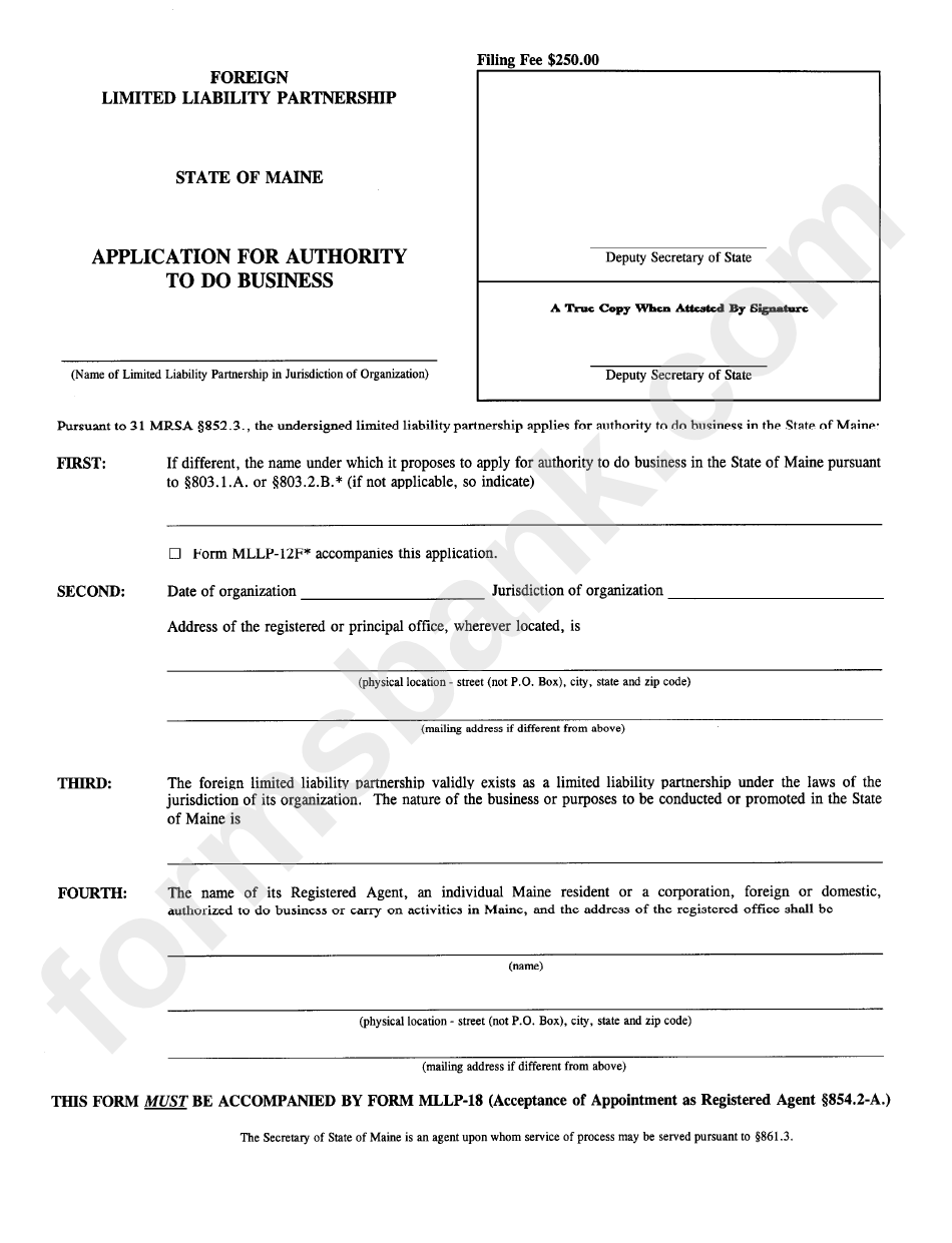 Form Mllp-12 - Application For Authority To Do Business - Foreign Limited Liability Partnership - State Of Maine