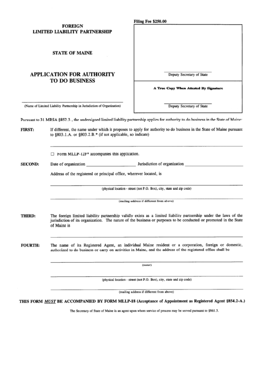Form Mllp-12 - Application For Authority To Do Business - Foreign Limited Liability Partnership - State Of Maine Printable pdf
