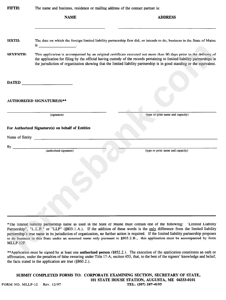 Form Mllp-12 - Application For Authority To Do Business - Foreign Limited Liability Partnership - State Of Maine