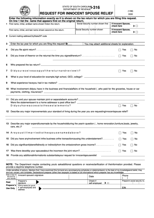 Fillable Form I-316 - Request For Innocent Spouse Relief Printable pdf