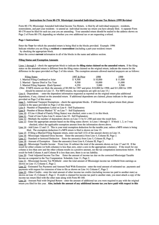 Instructions For Form 80-170 Mississippi Amended Individual Income Tax Return Printable pdf