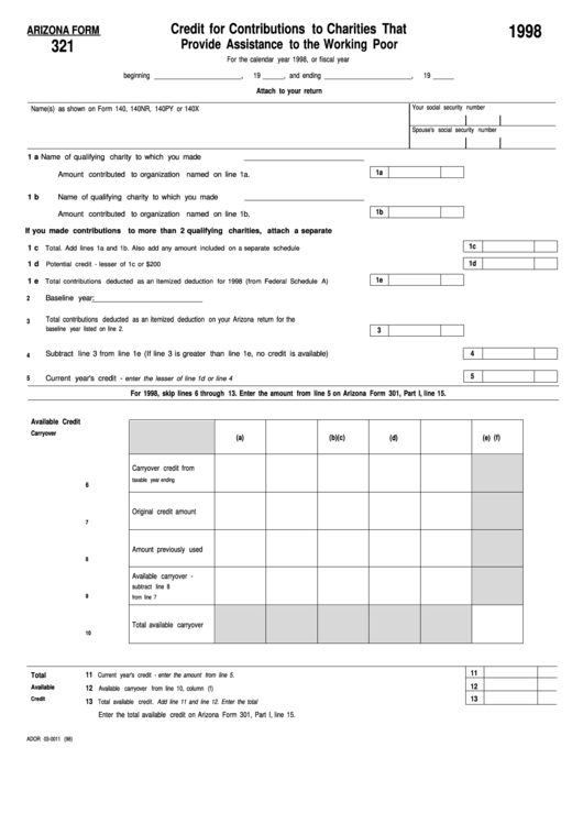 Form 321 - Credit For Contributions To Charities That Provide Assistance To The Working Poor - 1998 Printable pdf