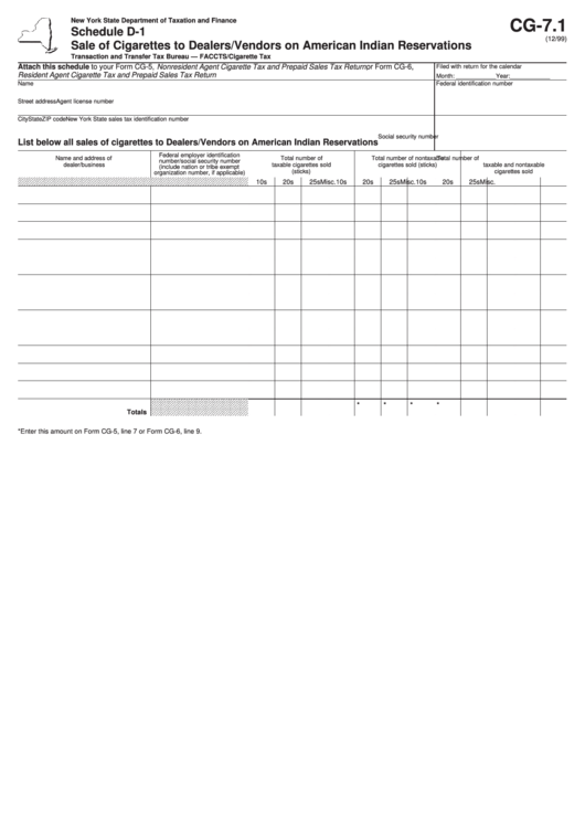 Form Cg-7.1 - Schedule D-1 - Sale Of Cigarettes To Dealers/vendors On American Indian Reservations Printable pdf