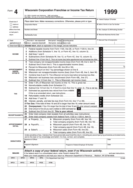 Form 4 - Wisconsin Corporation Franchise Or Income Tax Return - 1999 Printable pdf