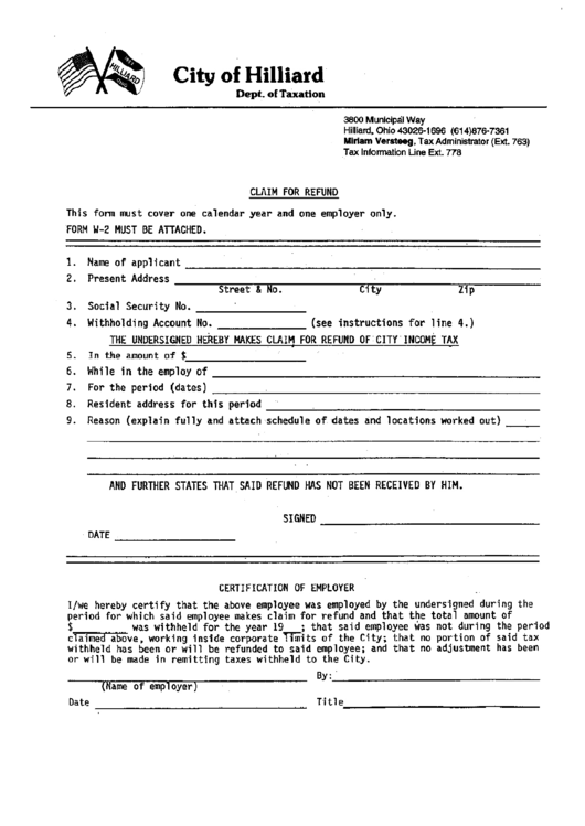 Claim For Refund - City Of Hilliard Printable pdf