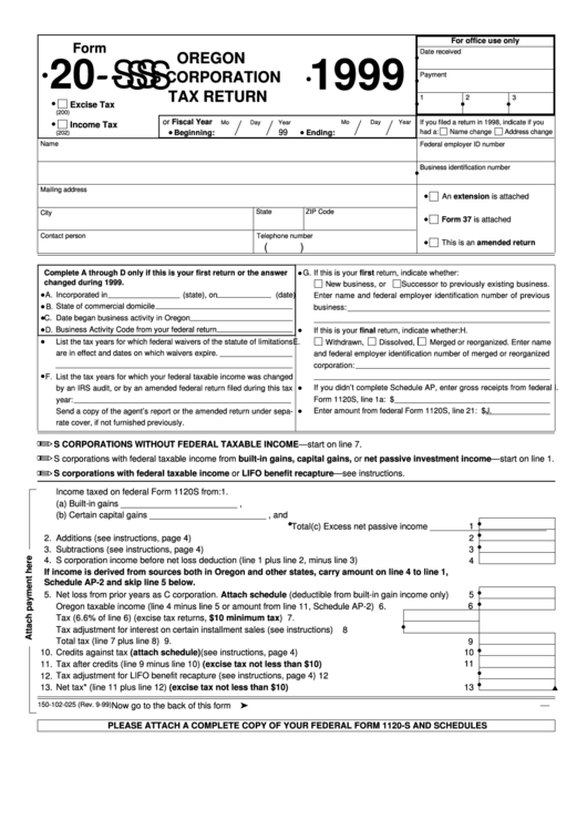 Fillable Form 20-S - Oregon S Corporation Tax Return - 1999 Printable pdf