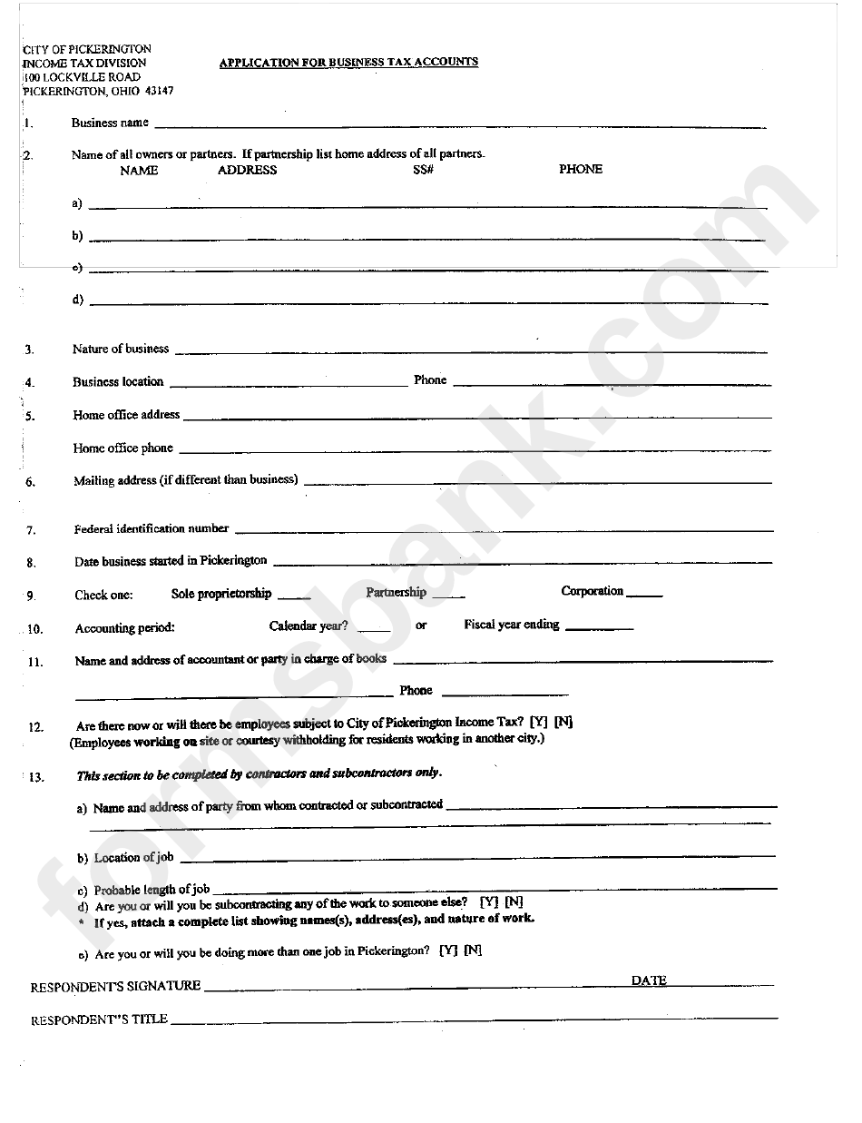 Application For Business Tax Accounts - City Of Pickerington