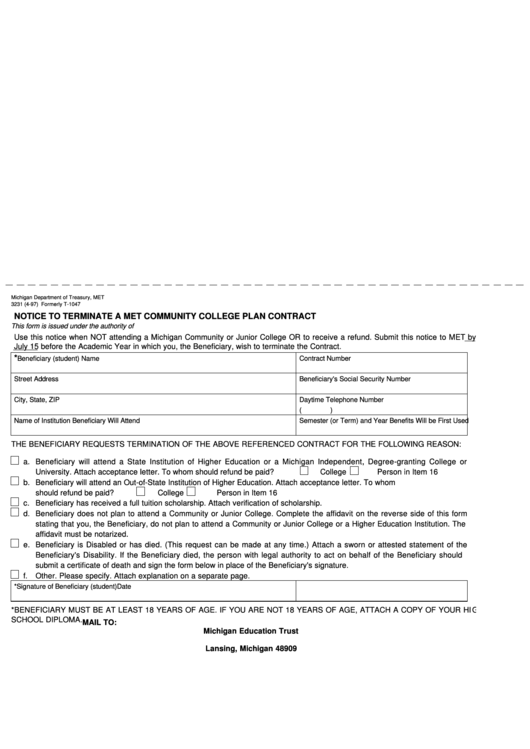 Fillable Form 3231 - Notice To Terminate A Met Community College Plan Contract - 1997 Printable pdf
