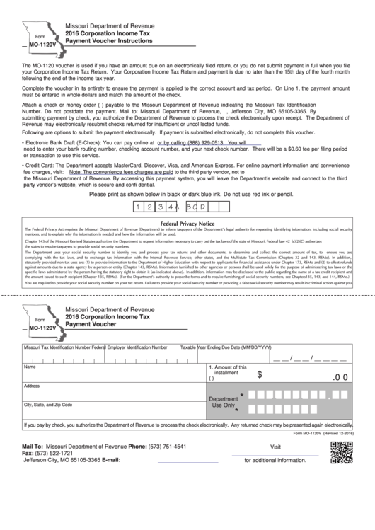 Fillable Form Mo-1120v - Corporation Income Tax Payment Voucher - 2016 Printable pdf