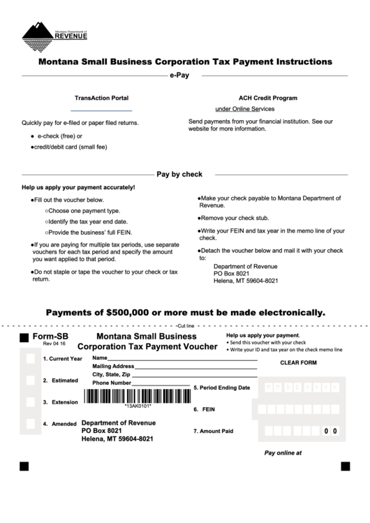 Fillable Form Sb - Montana Small Business Corporation Tax Payment Voucher Printable pdf