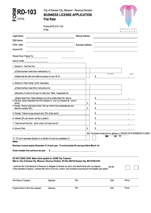 Form Rd-103 - Business License Application Flat Rate Printable pdf