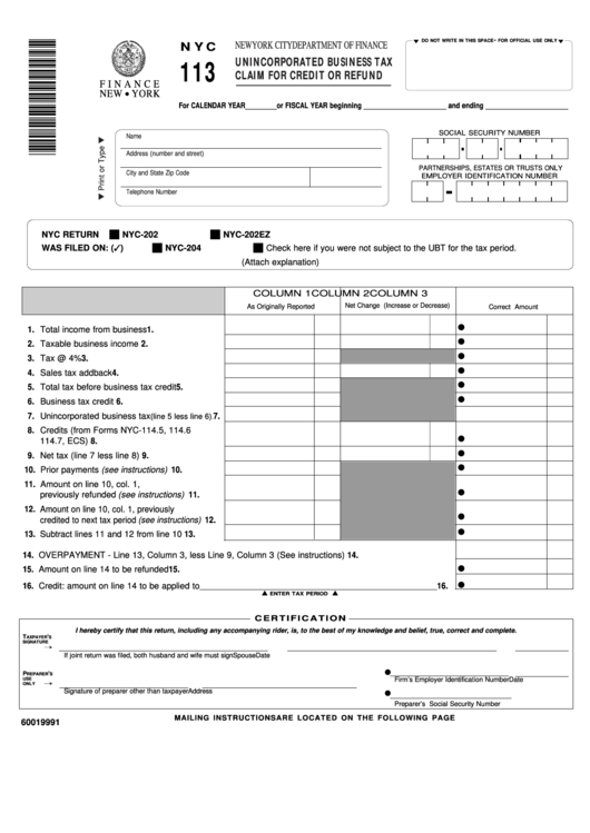 Form Nyc-113 - Unincorporated Business Tax Claim For Credit Or Refund - 1999 Printable pdf