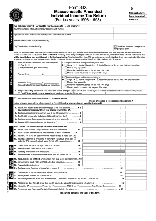 Fillable Form 33x - Massachusetts Amended Individual Income Tax Return - 1993-1998 Printable pdf