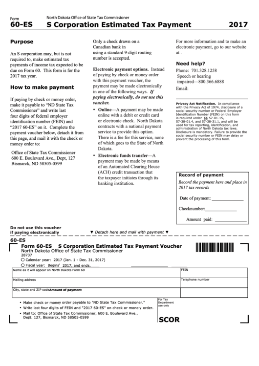 Fillable Form 60-Es - S Corporation Estimated Tax Payment Voucher - 2017 Printable pdf