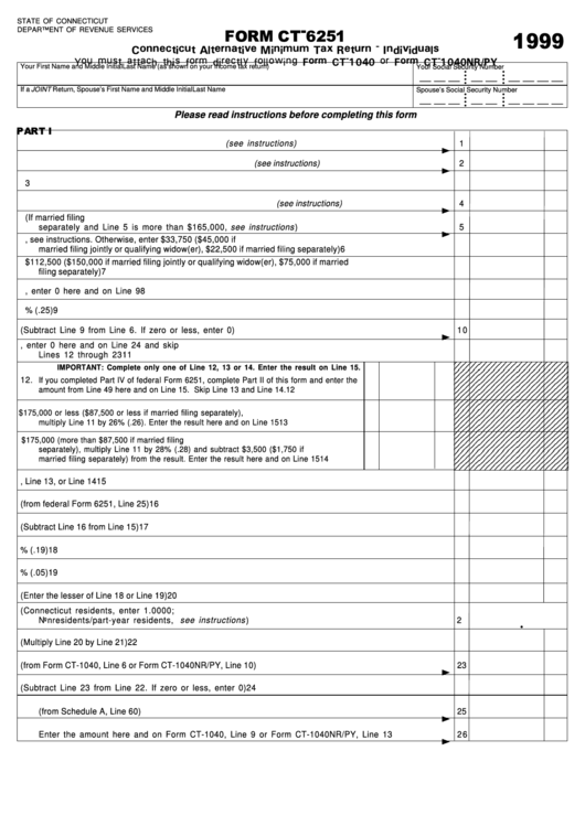 Form Ct-6251 - Connecticut Alternative Minimum Tax Return - Individuals - 1999 Printable pdf