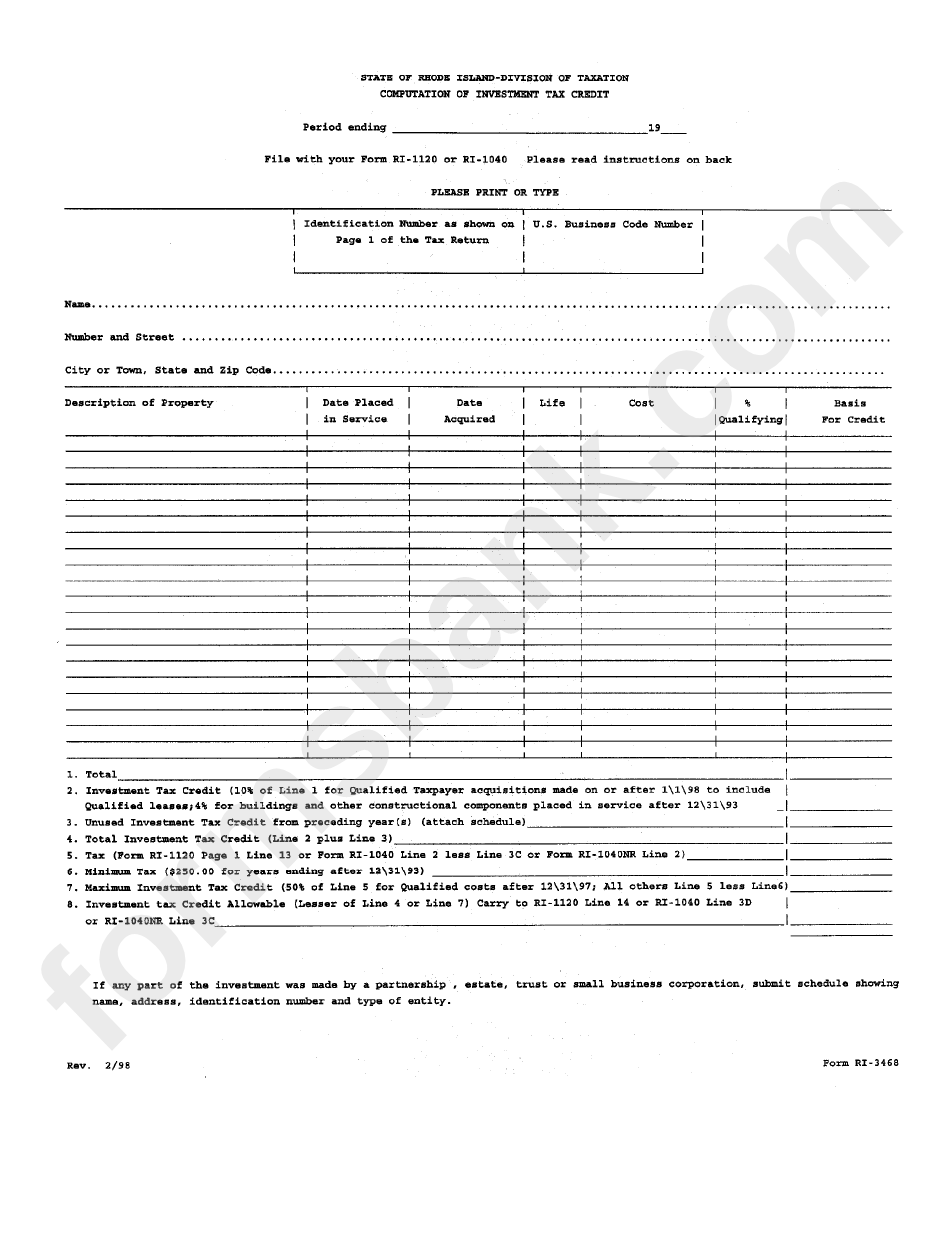 Form Ri-3468 - Computation Of Investment Tax Credit