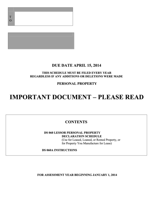 Fillable Form Ds 060 - Personal Property Lessor Declaration Schedule - 2014 Printable pdf