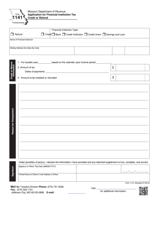 Fillable Form 1141 - Application For Financial Institution Tax Credit Or Refund - 2013 Printable pdf