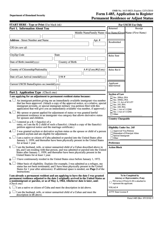Form I-485 - Application To Register Permanent Residence Or Adjust Status