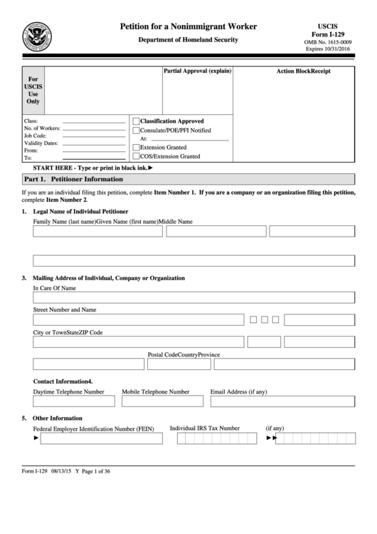 Fillable Form I-129 - Petition For A Nonimmigrant Worker - Department Of Homeland Security Printable pdf