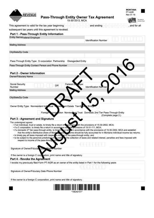 Fillable Montana Form Pt-Agr Draft - Pass-Through Entity Owner Tax Agreement Printable pdf