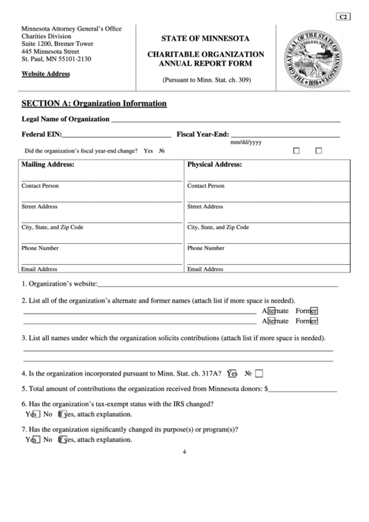Fillable Form C2 - Charitable Organization Annual Report Form Printable pdf