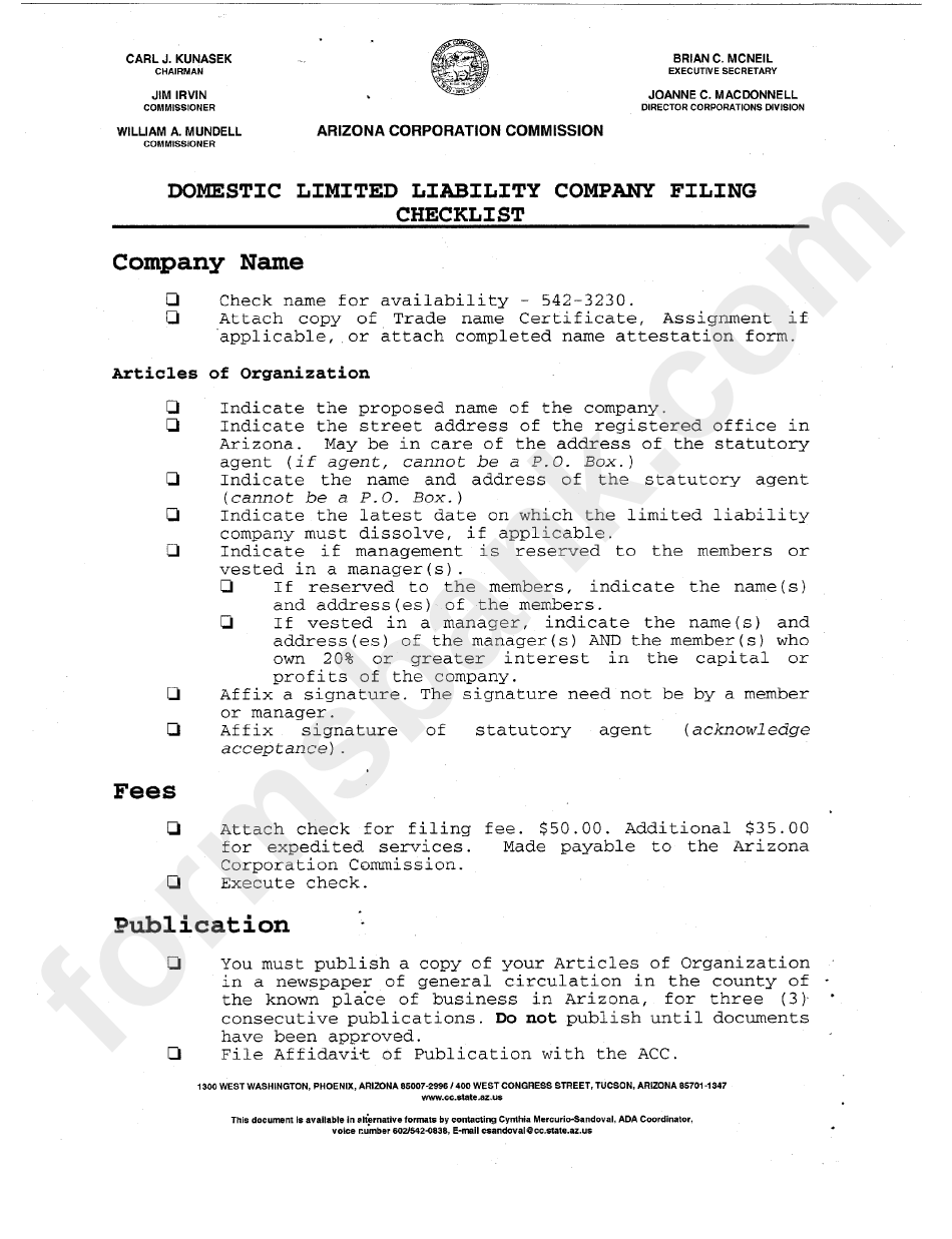 Domestic Limited Liability Company Filing Checklist - Arizona Corporation Commission