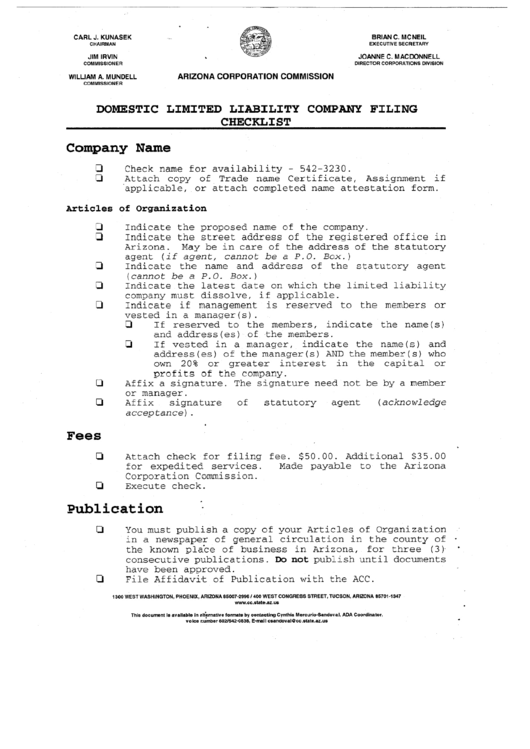 Domestic Limited Liability Company Filing Checklist - Arizona Corporation Commission Printable pdf
