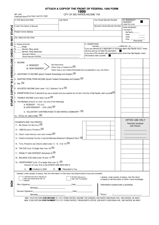 Form Br 1040 - Individual Return - City Of Big Rapids Income Tax - 1999 Printable pdf